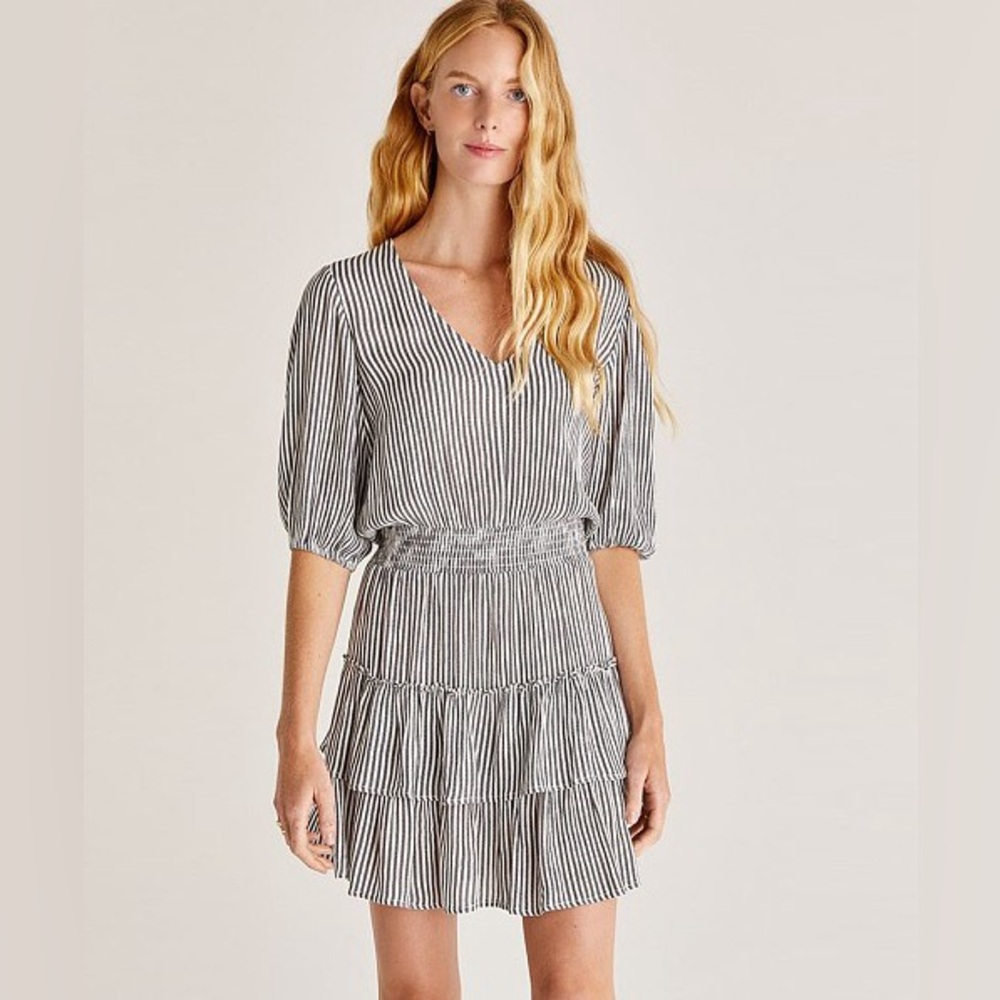 Z supply Stella striped mini dress ruffle hem gray white stripes